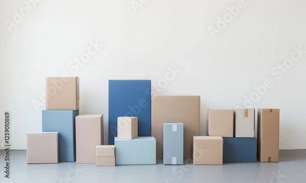 Fototapeta Assorted moving boxes meticulously organized against a simple backdrop evoke efficiency in professional logistics imagery