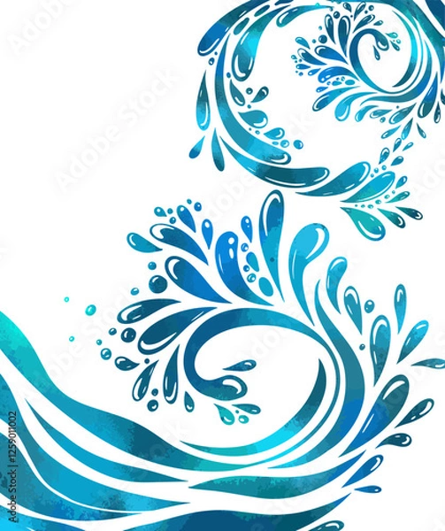 Fototapeta Blue watercolor river ocean wave layer background. hand drawn. Not AI, Vector illustration.