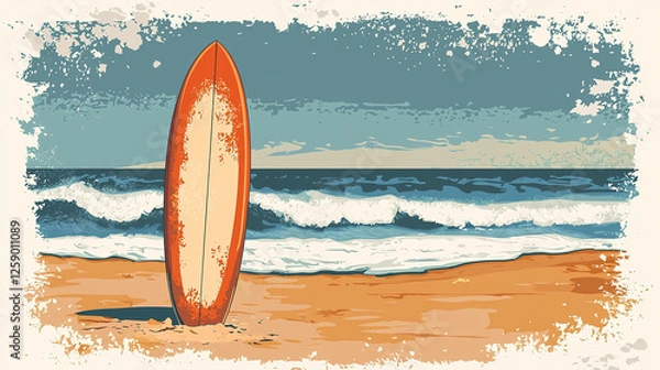 Fototapeta Surfboard standing on a sandy beach with ocean waves in background