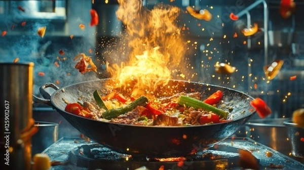 Fototapeta Flaming wok with stir-fry vegetables and meat.