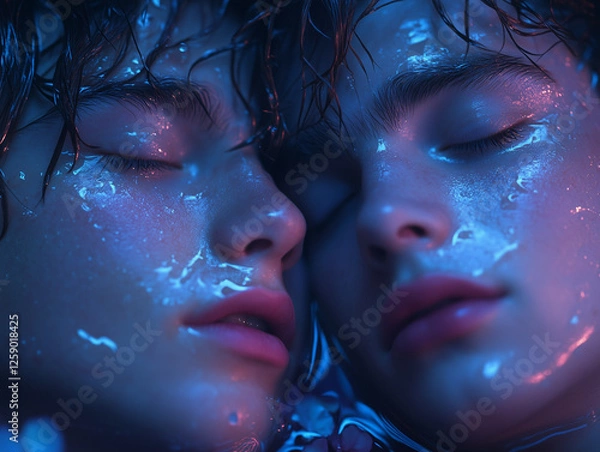 Fototapeta A tender close-up of two people sharing an intimate moment, faces gently touching with closed eyes. Water droplets glisten on their skin, creating a romantic and serene atmosphere for St. Valentine’s 
