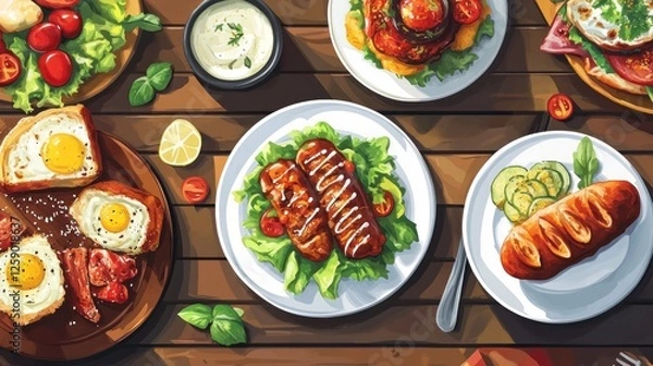 Fototapeta Overhead view of various breakfast and brunch dishes on a wooden table.
