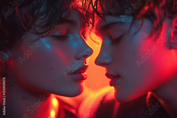 Fototapeta Two souls unite in a soft kiss, surrounded by the glow of neon signs. The intimate moment captures the essence of love and connection, making it a beautiful tribute to St. Valentine’s Day for the LGBT
