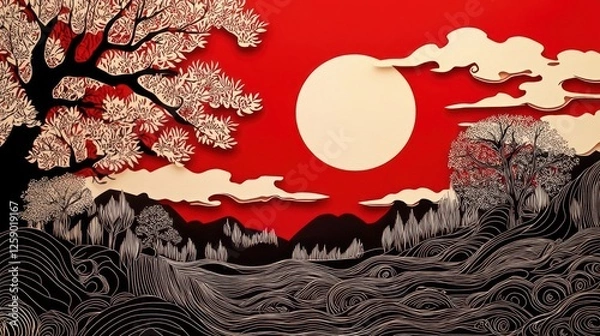 Fototapeta Red sunset landscape with stylized trees, moon, and wavy water, paper-cut style.