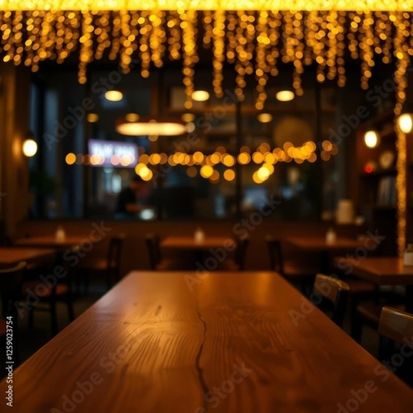 Fototapeta Empty wooden table on blurred light gold bokeh of cafe restaurant on dark background Bokeh light lights background bokeh abstract light bright effect shiny
