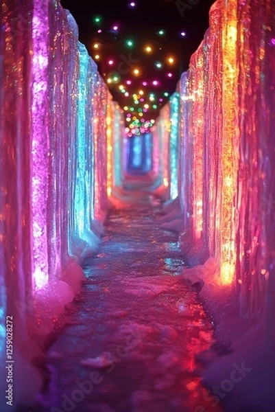 Obraz Colorful ice tunnel illuminated by vibrant lights creates a mesmerizing winter pathway at an outdoor festival