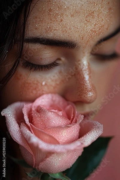 Obraz Close-up of a woman with freckles and a pink rose, showcasing beauty and nature's elegance in a soft, serene environment