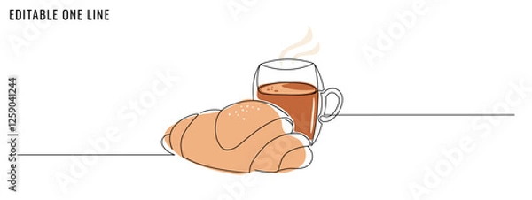 Obraz One continuous line drawing of coffee, tea cup with croissant. Coffee break concept. Editable stroke, vector illustration