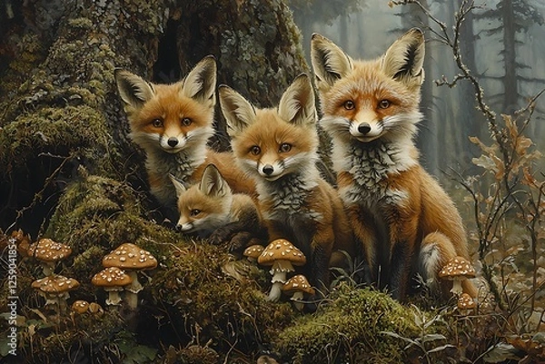 Fototapeta Dense forest with moss covered trees mushrooms sprouting and a family of foxes resting nearby