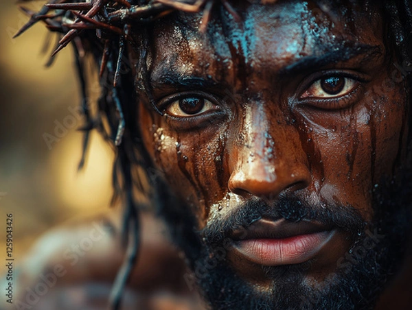 Fototapeta A powerful close-up of a man with a crown of thorns, embodying the suffering and sacrifice of Jesus. The water dripping from his face symbolizes the pain and emotional depth of the Easter story.