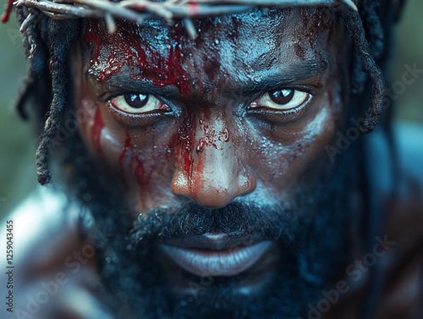 Fototapeta A powerful close-up of a man with a crown of thorns, embodying the suffering and sacrifice of Jesus. The water dripping from his face symbolizes the pain and emotional depth of the Easter story.