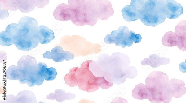 Obraz rich burgundy and deep blue hues illuminate a dreamy watercolor pattern of soft, fluffy clouds in blue, lavender, and peach