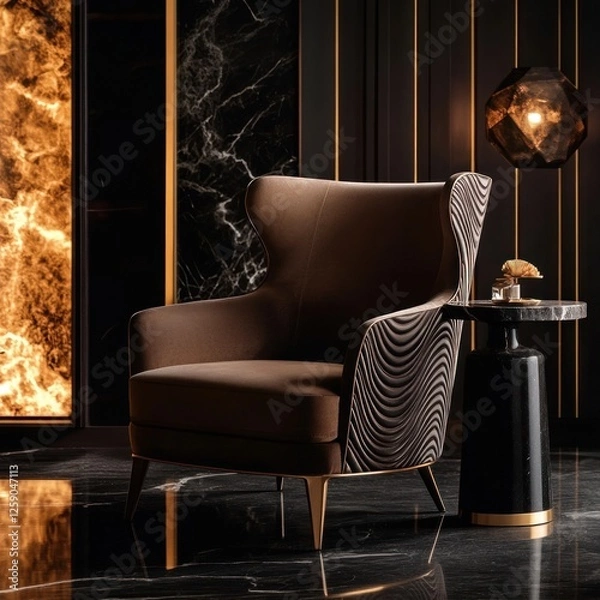 Fototapeta Modern Brown Velvet Chair Gold Legs Stylish Decor