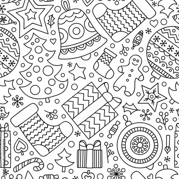 Obraz Christmas elements. Vector seamless pattern with winter holiday objects - christmas tree, sock, gingerbread man, present, candy, star, heart, ball, bell. Christmas coloring page for coloring book.