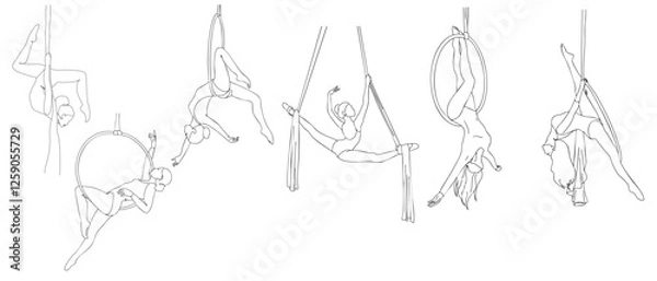 Fototapeta Minimalist vector outline set of an aerial gymnasts. The elegant poses captures movement, strength, and flexibility, making it perfect for sports, fitness, circus.