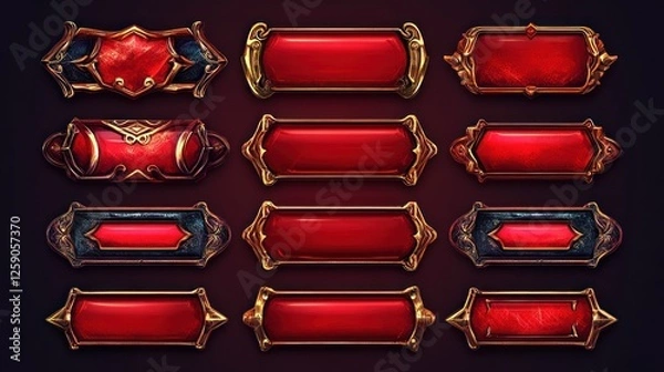 Fototapeta Twelve ornate red game UI buttons with gold frames.