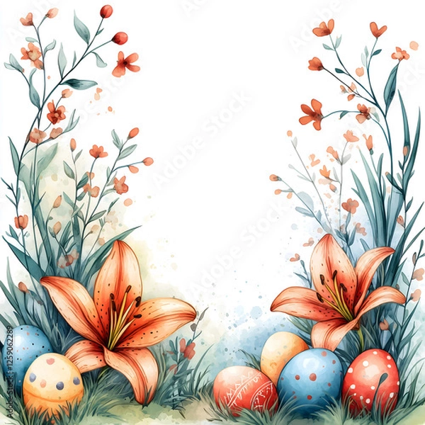Obraz Watercolor Easter frame border, Easter eggs and lilies in the corners, carrots and daffodils, white background, colorful.