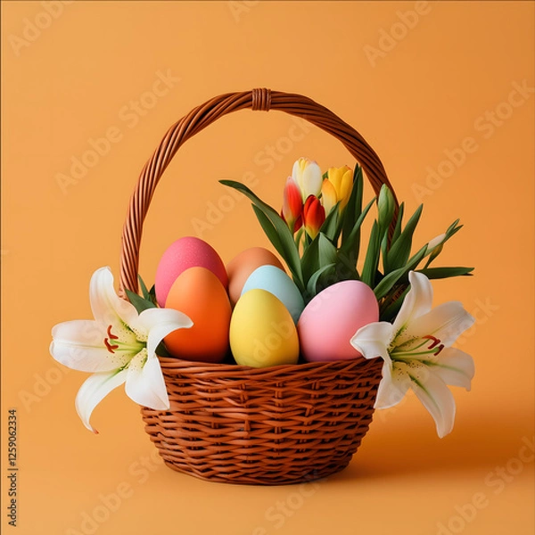 Obraz Easter clipart busket with eggs and lilies flat simple low detailed isolated on white background.