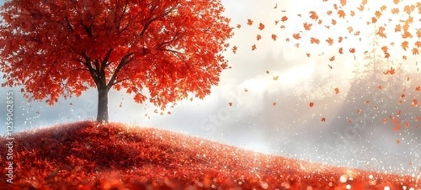 Obraz A stunning scene of a solitary tree with vibrant red leaves in autumn. The tree stands on a gentle hill, surrounded by a carpet of falling leaves and shimmering light.