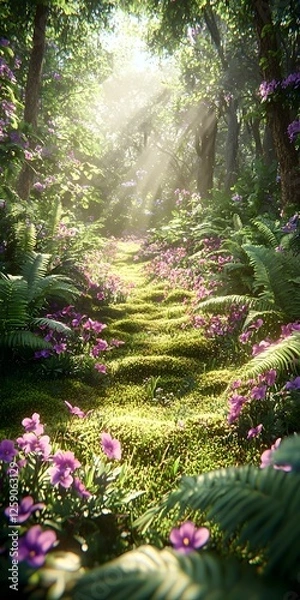 Obraz A serene forest scene featuring a sunlit path adorned with vibrant purple flowers, surrounded by lush greenery and ferns, creating a peaceful and enchanting atmosphere.