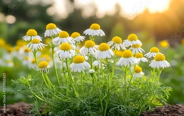 Fototapeta A vibrant cluster of white daisy-like flowers with yellow centers, bathed in warm golden sunlight against a lush green background, creating a serene and cheerful atmosphere.