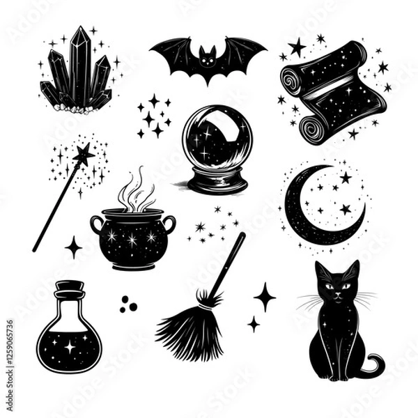 Obraz Set of cute, simple black and white icons featuring witchy elements like a cauldron, broom, bat in the moonlit sky, a potion bottle with a spider web, and stars, all in a vintage magic style.