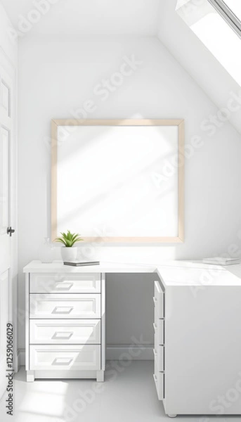 Fototapeta White workspace interior with board and drawer, window. Mockup frames, clipart style. with white shades