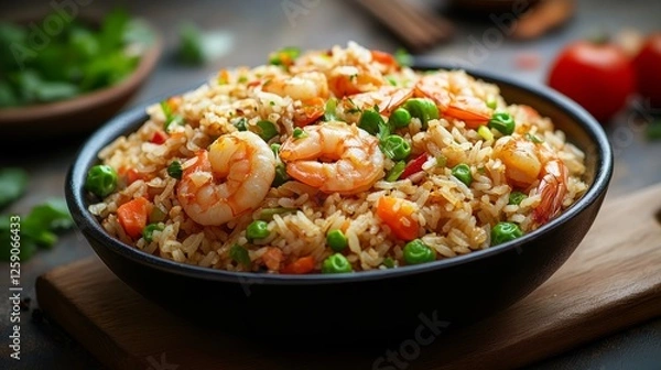 Fototapeta Traditional Chinese fried rice with shrimp and vegetables. Featuring a flavorful and savory dish. Highlighting the texture and flavors of the fried rice and shrimp. Ideal for food and cultural themes.