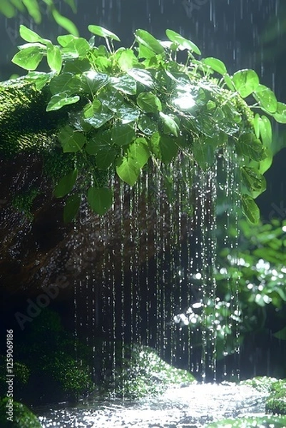 Fototapeta A serene close-up of lush green leaves adorned with glistening water droplets, cascading down from a moss-covered rock, creating a tranquil ambiance in a vibrant natural setting.
