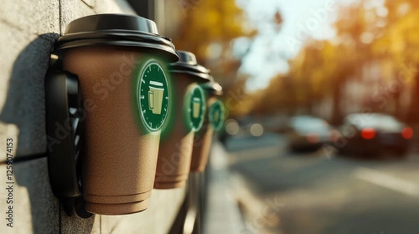 Obraz Coffee cups with holographic interface in an urban street