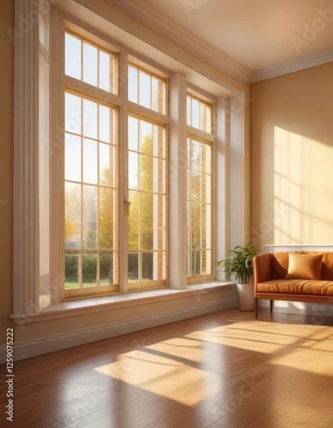 Obraz Warm golden light shines through a large window into a bright and airy room,  windows,  illumination