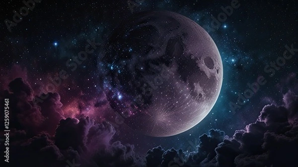 Fototapeta A stunning display of the moon amidst swirling clouds and vibrant cosmic colors showcases the beauty of the night sky filled with stars and nebulae