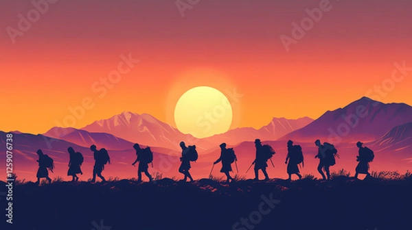 Fototapeta Nomads trekking through a vast expansive desert landscape with towering sand dunes on the distant horizon embarking on a solitary journey of and adventure. Silhouette Nomads. Illustration
