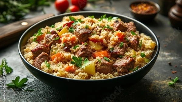 Fototapeta Traditional Moroccan couscous with lamb and vegetables. Featuring a flavorful and aromatic dish. Highlighting the texture and flavors of the couscous. Ideal for food and cultural themes.