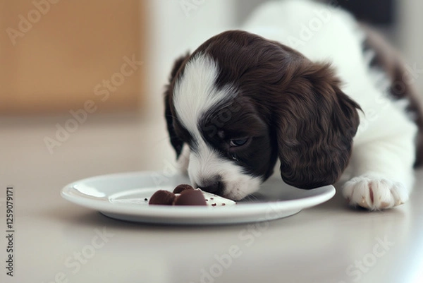 Obraz Spaniel puppy and chocolate on a plate: cute and adorable furry animal