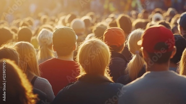 Fototapeta Crowd of People Gathered Together in Warm Sunlight Back View