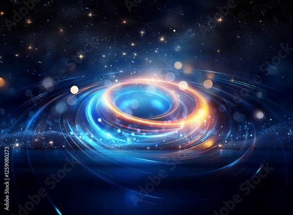 Obraz Double exposure art featuring a vibrant vortex of blue and orange light, with soft bokeh and starlight creating a dreamy, cosmic atmosphere.