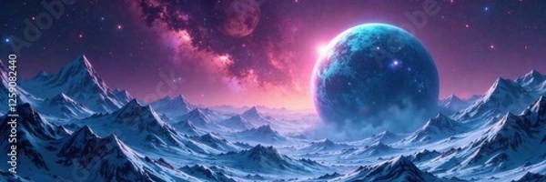 Fototapeta Celestial Planet with Icy Crystals and Space Mist, space atmosphere, planetary, crystal