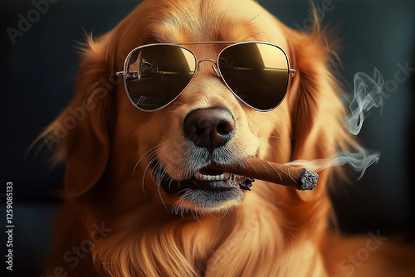 Obraz Cool Golden Retriever dog wearing sunglasses and a cigar, stylish canine portrait with fur detail
