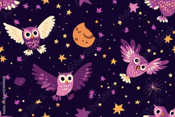 Fototapeta Charming pattern with flying owls, stars and moon in purple shades, patterns