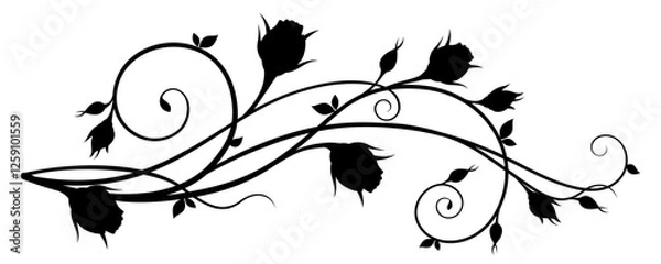 Fototapeta Black silhouette of a branch with rosebuds and leaves isolated on a white background. Floral vintage decorative element with rosebuds. Vector illustration