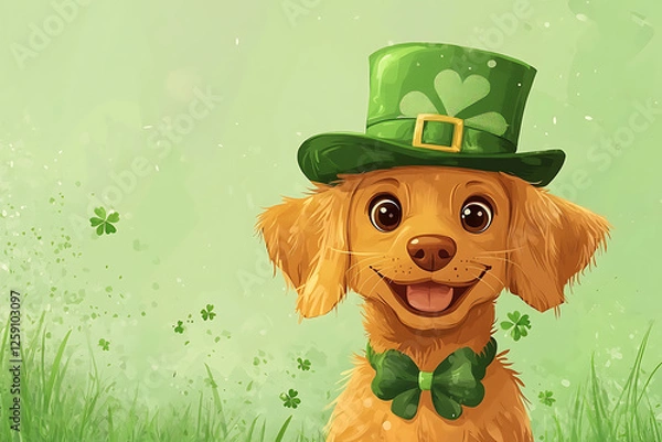 Fototapeta Cheerful golden retriever puppy wearing a green hat and bow tie, surrounded by clovers in a vibrant field