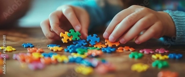Fototapeta Colorful Puzzle Pieces: A Child's Hands Carefully Assembling a Vibrant Jigsaw Puzzle