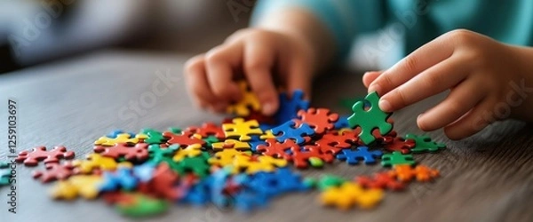 Fototapeta Toddler Playing with Colorful Puzzle Pieces