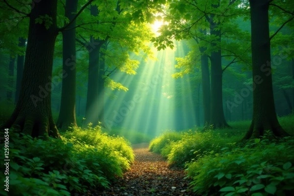 Fototapeta Dense foliage and towering trees create a sense of depth and dimensionality, as dappled sunlight illuminates the forest floor, sunlit forest, wooded landscape, forest lighting