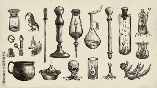 Obraz A detailed black-and-white illustration of vintage alchemy tools, glassware, and mystical artifacts. The intricate drawing evokes an antique and mysterious atmosphere. AI generated.