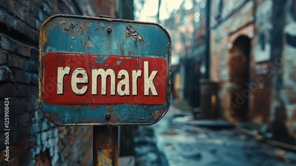 Fototapeta Aging Industrial Sign Displaying the Word "Remark" in a Decayed Urban Setting with Weathered Brick Walls and Blurred Background for Artistic Effect