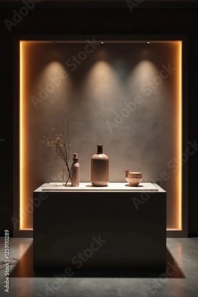 Fototapeta Elegant product showcase under dimly lit ambient lighting with soft warm glow on gray background, minimalist style, shadows