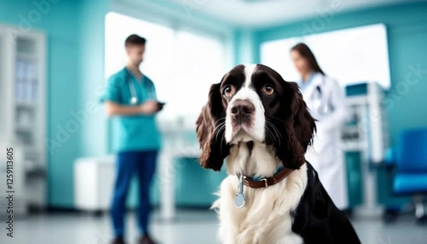 Obraz Black and white spaniel at the vet. Blurred doctors in the background.