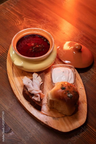 Fototapeta Restaurant dish borscht, delicious bread with bacon, sour cream, bun. A delicious photo for a menu, culinary website, or an advertisement for catering establishments.